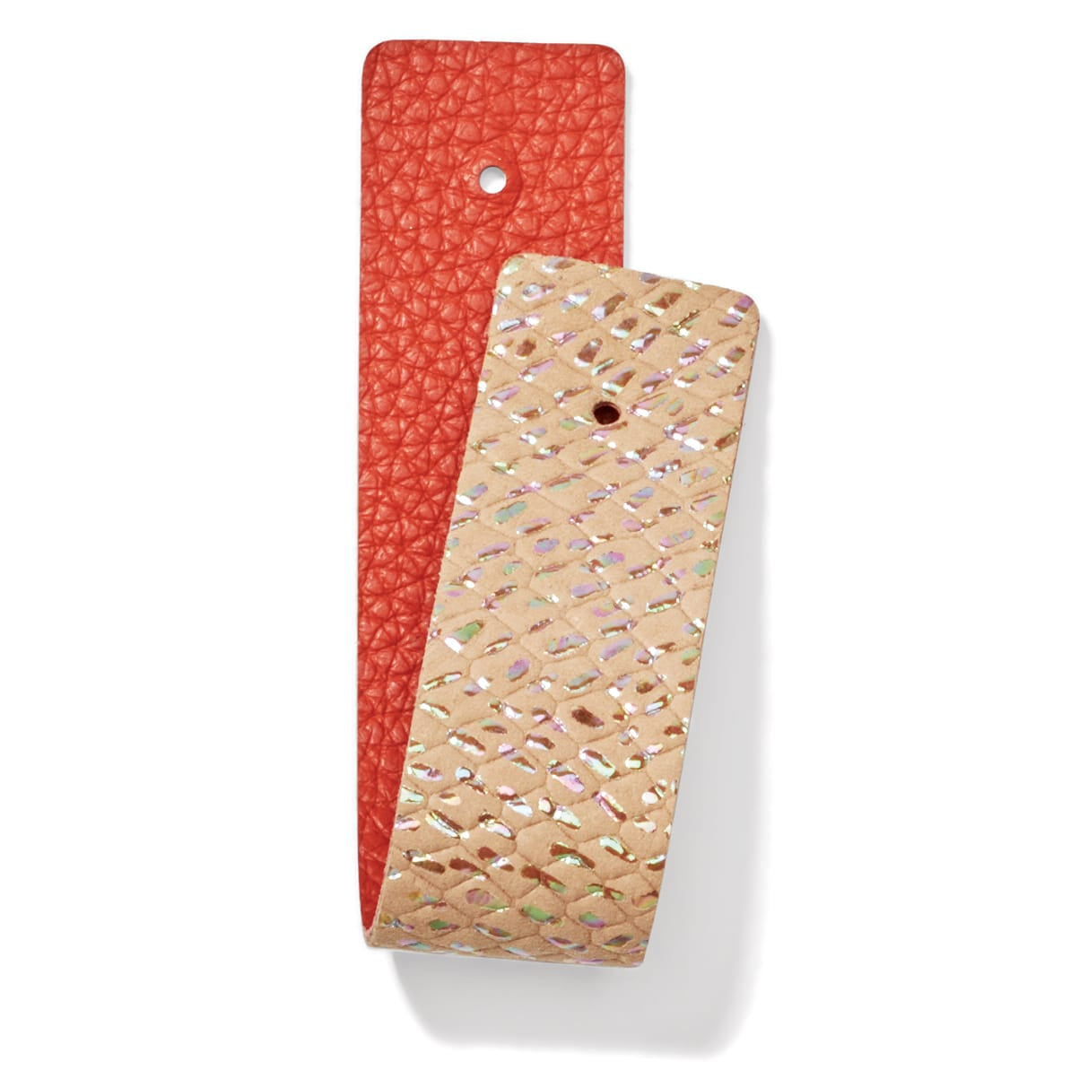 Brighton interchangeable leather bracelet straps in orange pebbled leather and beige iridescent snake print on a white background