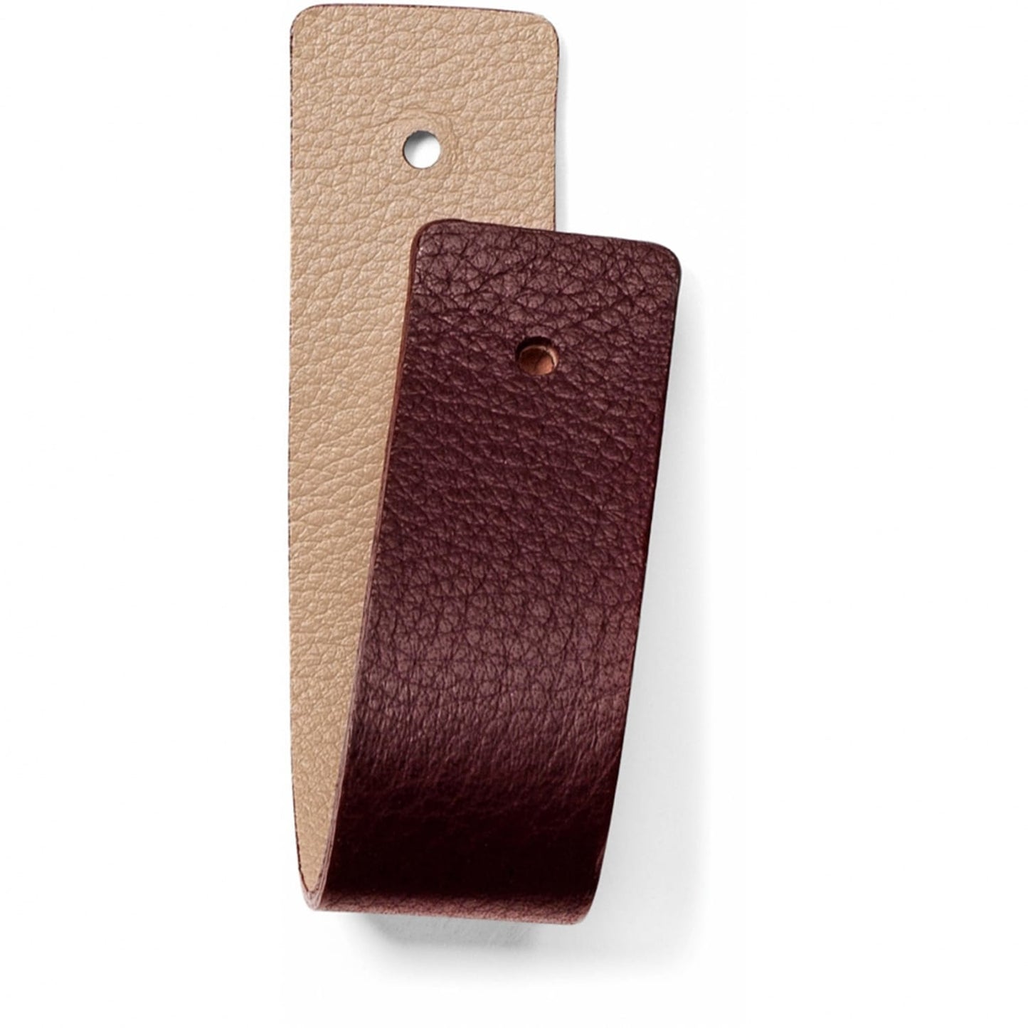 Brighton leather straps in tan and burgundy with punched holes for hardware attachment on a white background
