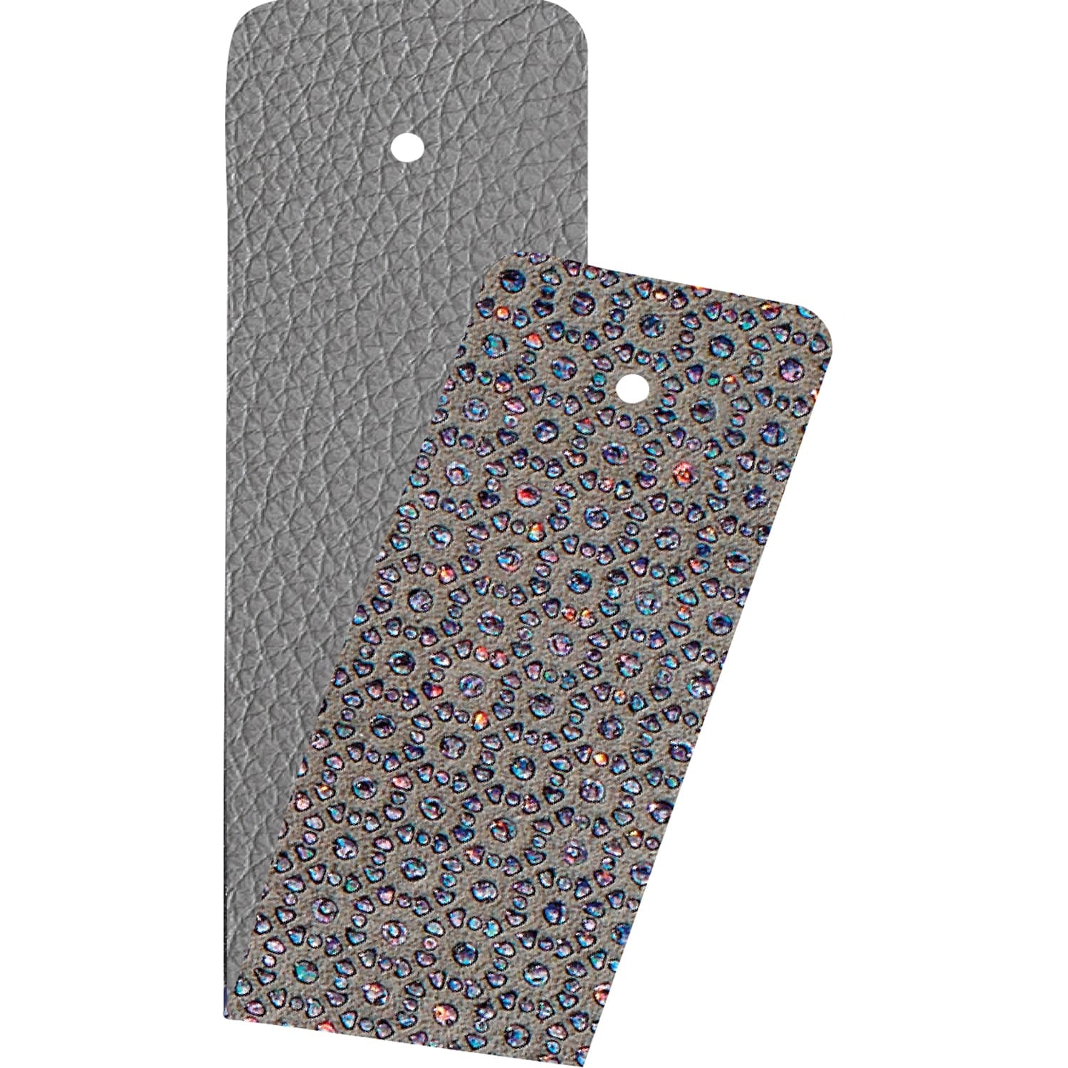 Brighton leather straps shown with pebbled gray texture and iridescent speckled finish with hole punches on a white background