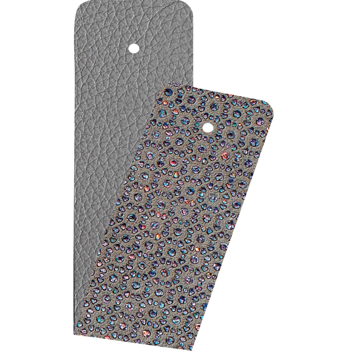 Brighton leather straps shown with pebbled gray texture and iridescent speckled finish with hole punches on a white background