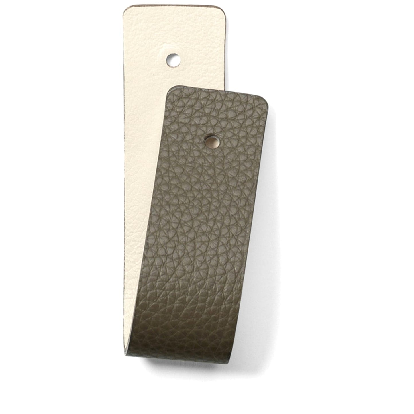 Brighton leather swatches in cream and olive green with pebbled texture and rivet holes on a white background