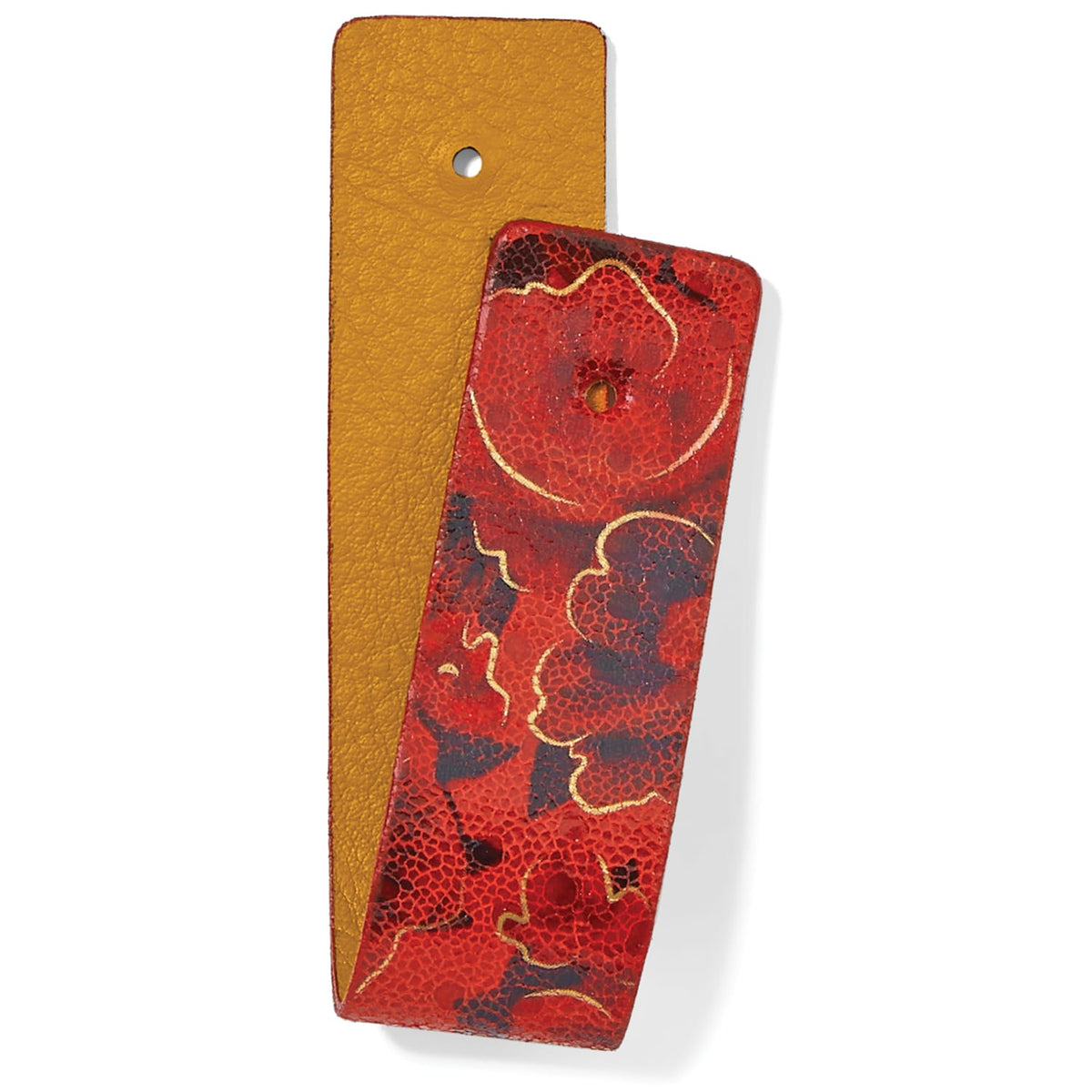 Brighton leather strap with red floral print and gold outlines over a mustard yellow strap on a white background