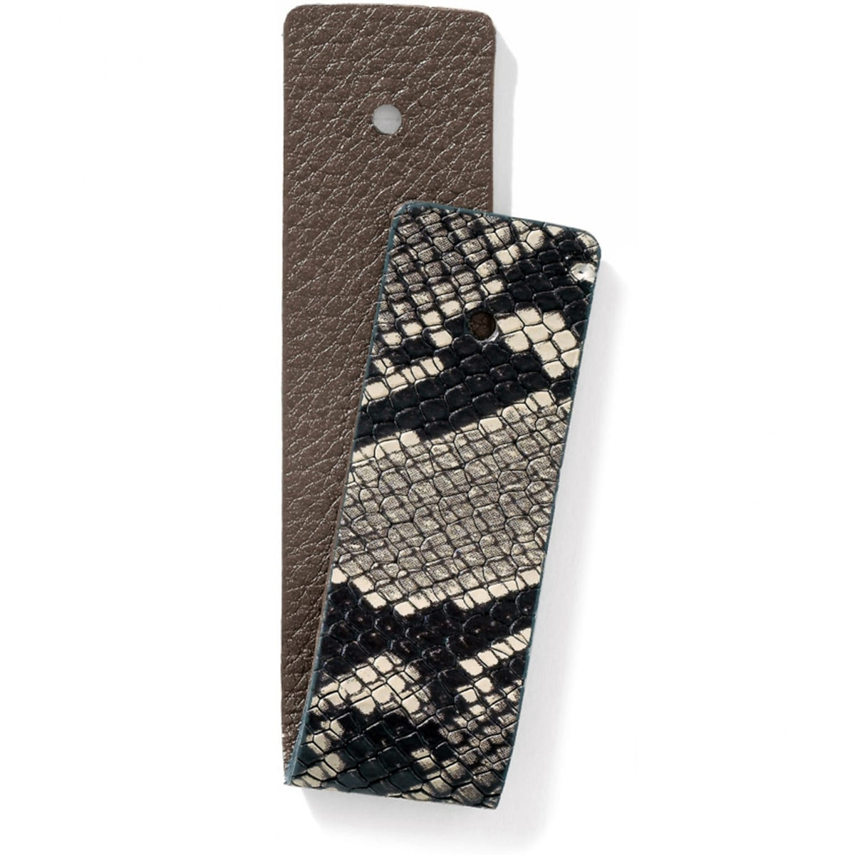 Brighton interchangeable leather strap set in taupe pebbled leather and black cream snake print on a white background
