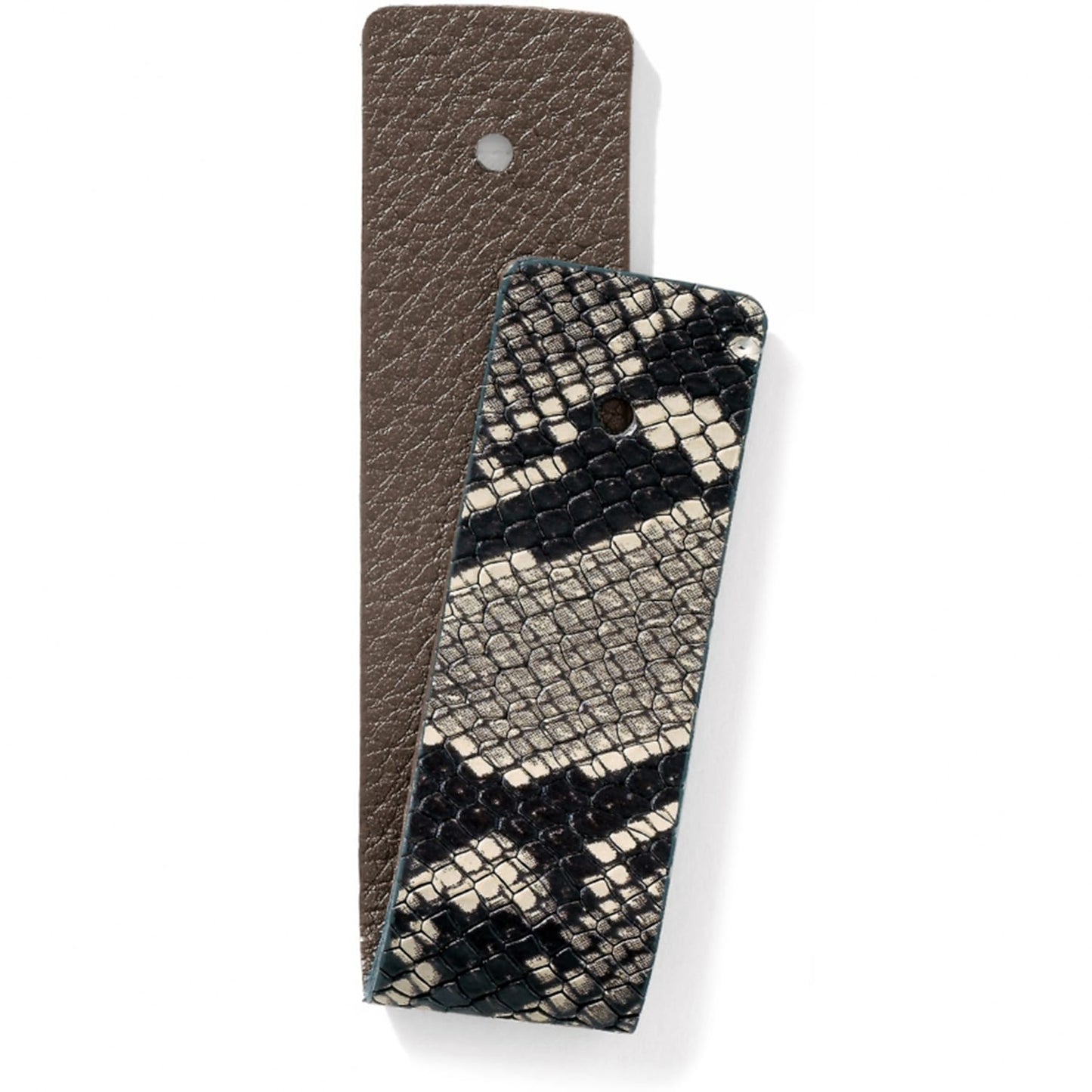 Brighton interchangeable leather strap set in taupe pebbled leather and black cream snake print on a white background