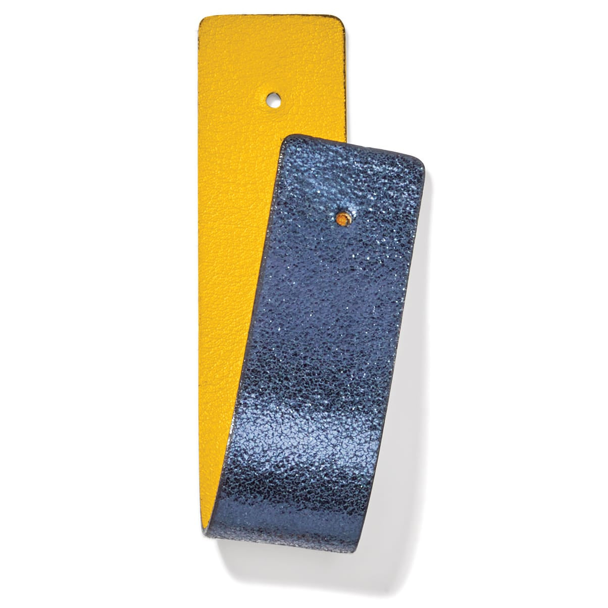 Brighton leather strap pieces in yellow and textured metallic blue with rivet detail on a white background