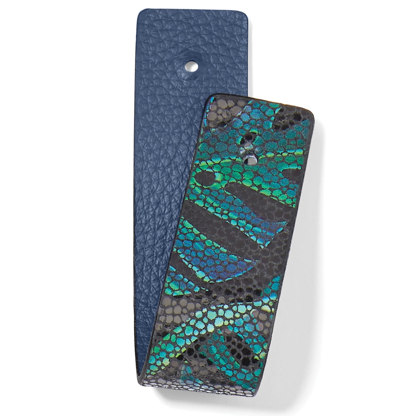 Brighton interchangeable leather strap set in navy and iridescent teal snakeskin print on a white background