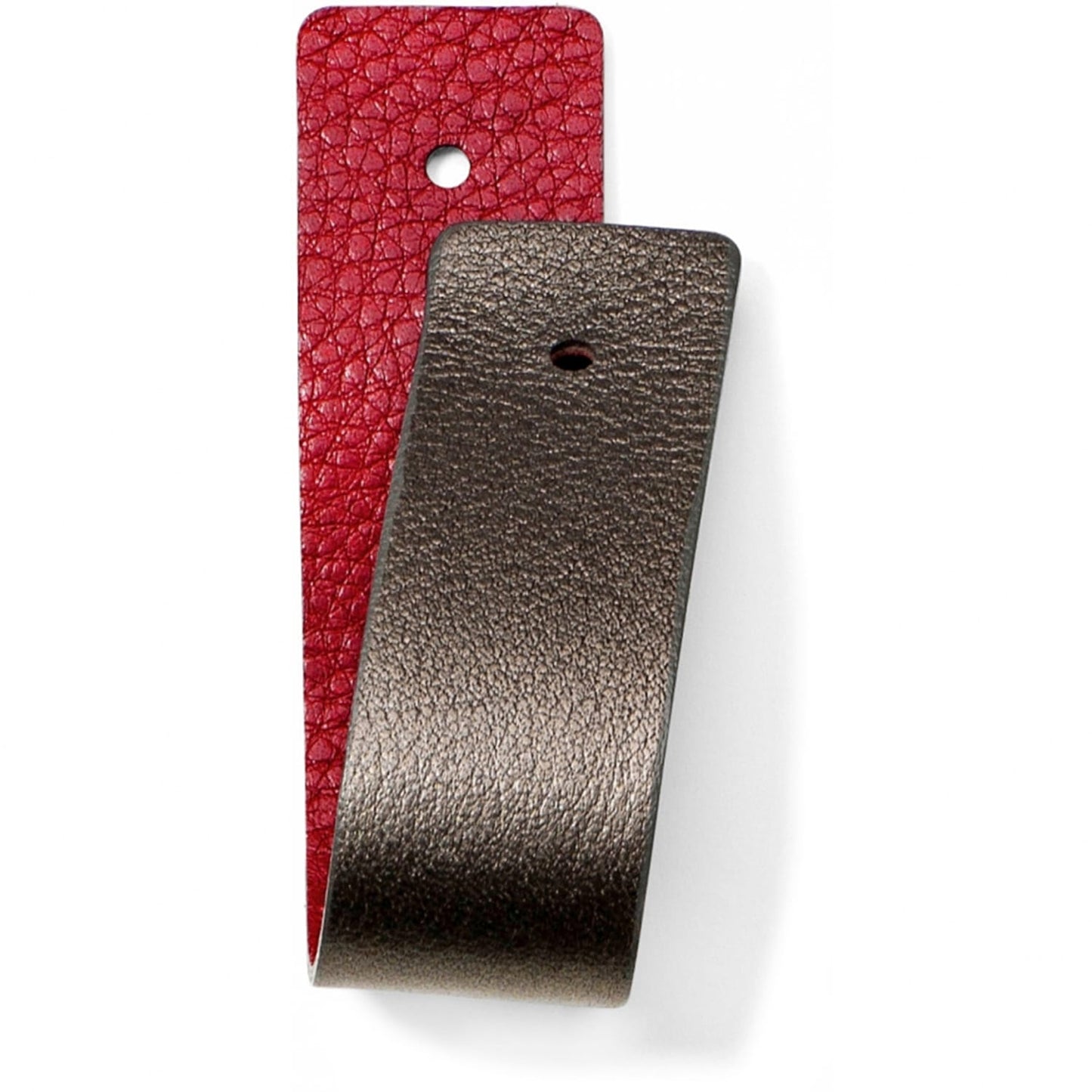 Brighton reversible leather belt strap shown with red pebbled side and metallic bronze side on a white background
