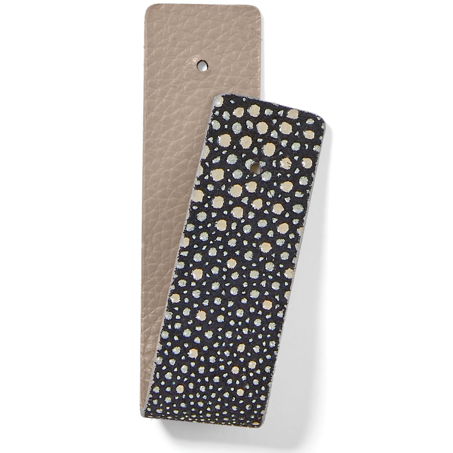 Brighton leather strap components in taupe and black speckled finishes with punched holes on a white background