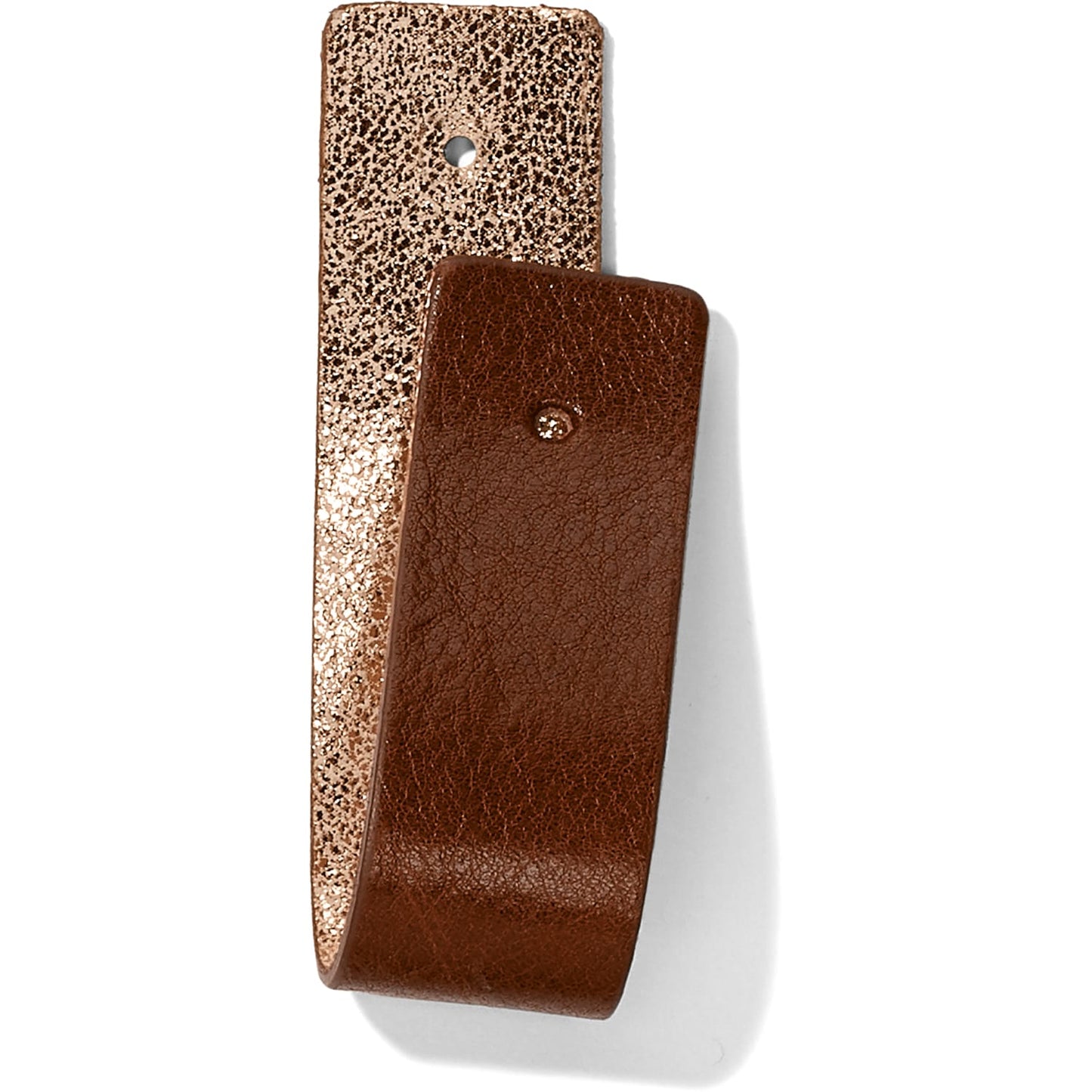 Brighton reversible leather belt strap showing metallic rose gold side and brown side on a white background