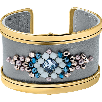 Brighton cuff bracelet with gray leather, gold-tone trim, and blue crystal beaded centerpiece on a white background