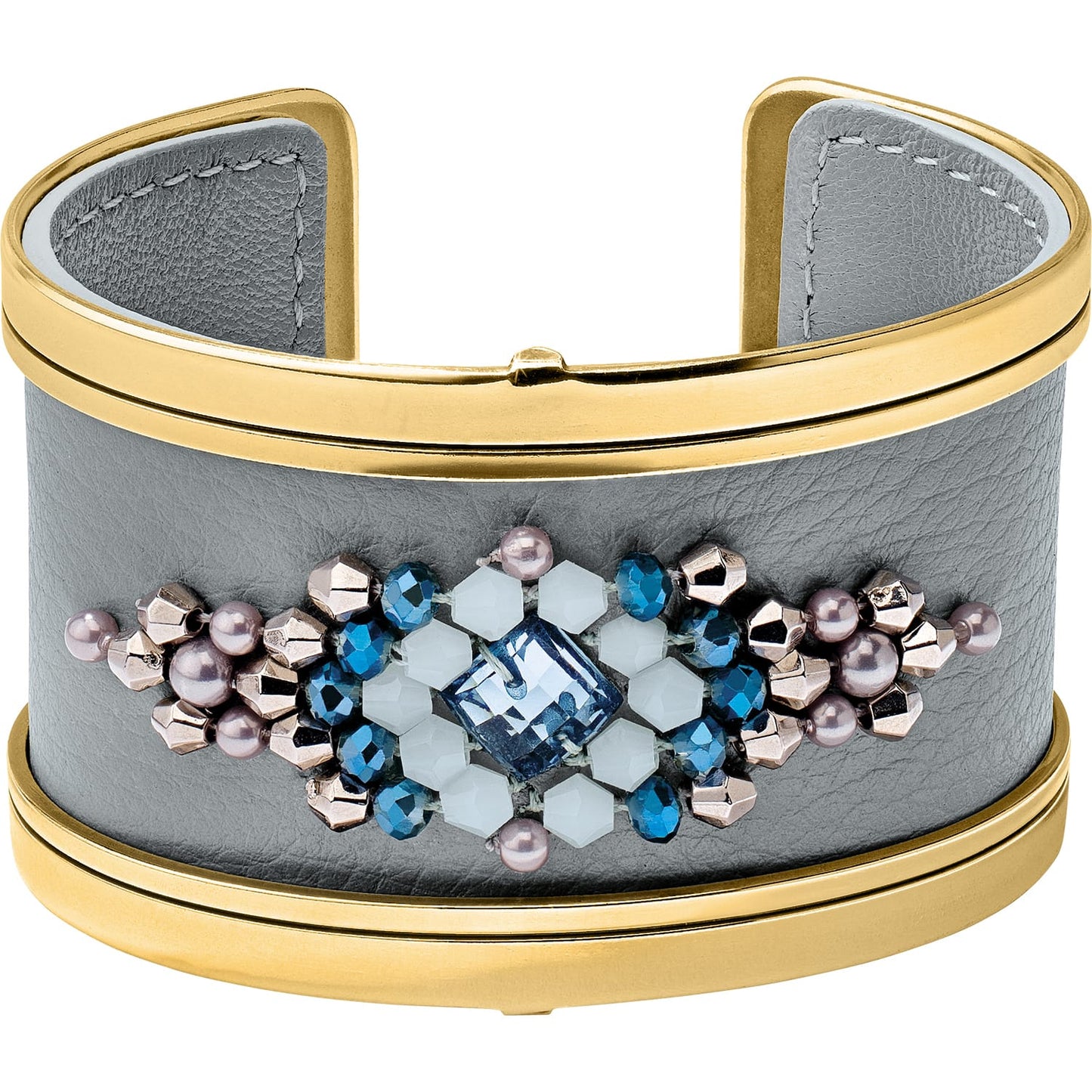Brighton cuff bracelet with gray leather, gold-tone trim, and blue crystal beaded centerpiece on a white background