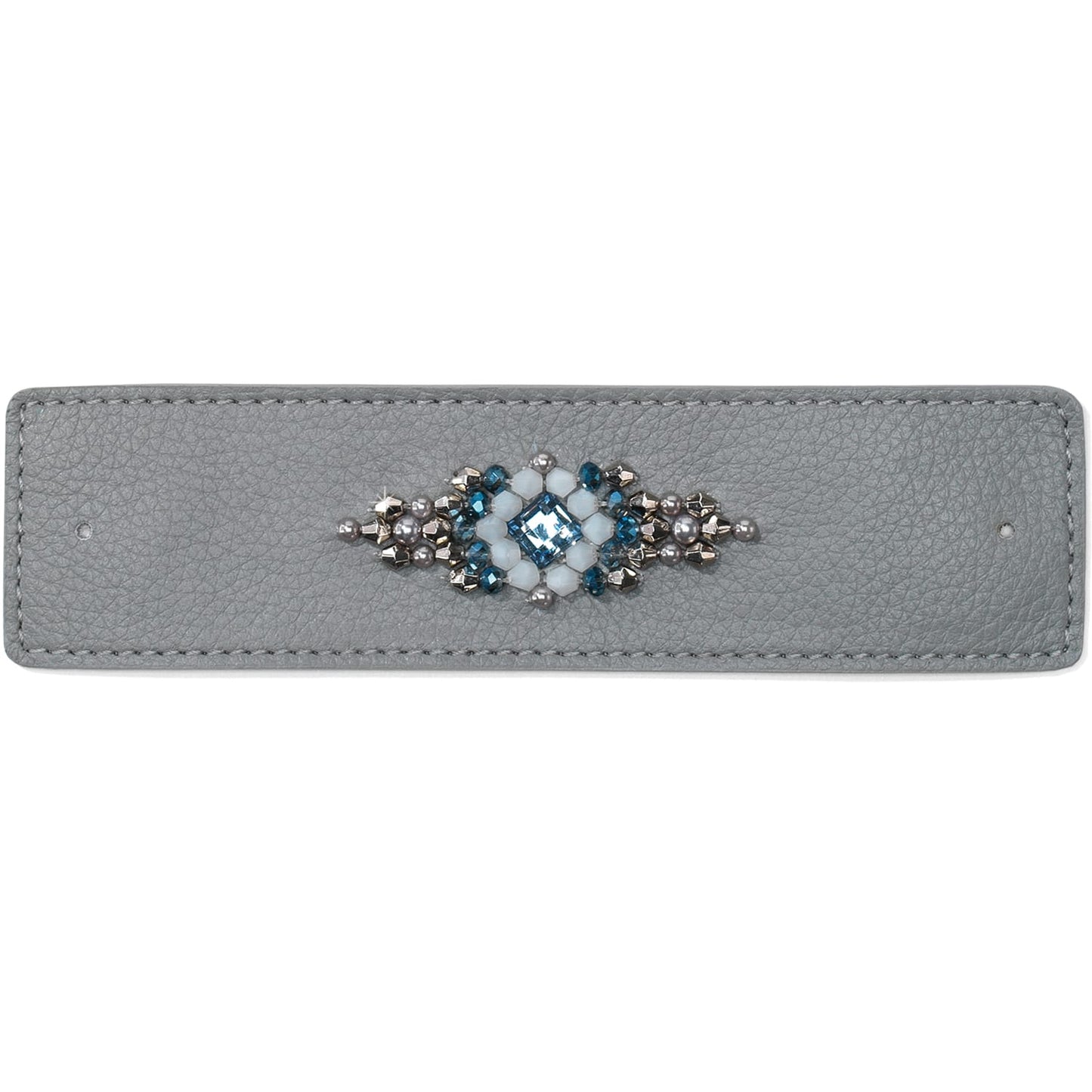 Brighton gray leather bracelet strap with blue crystal and silver-tone beaded centerpiece on a white background