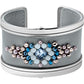 Brighton cuff bracelet with gray leather inlay, silver-tone frame, and blue crystal beaded centerpiece on a white background