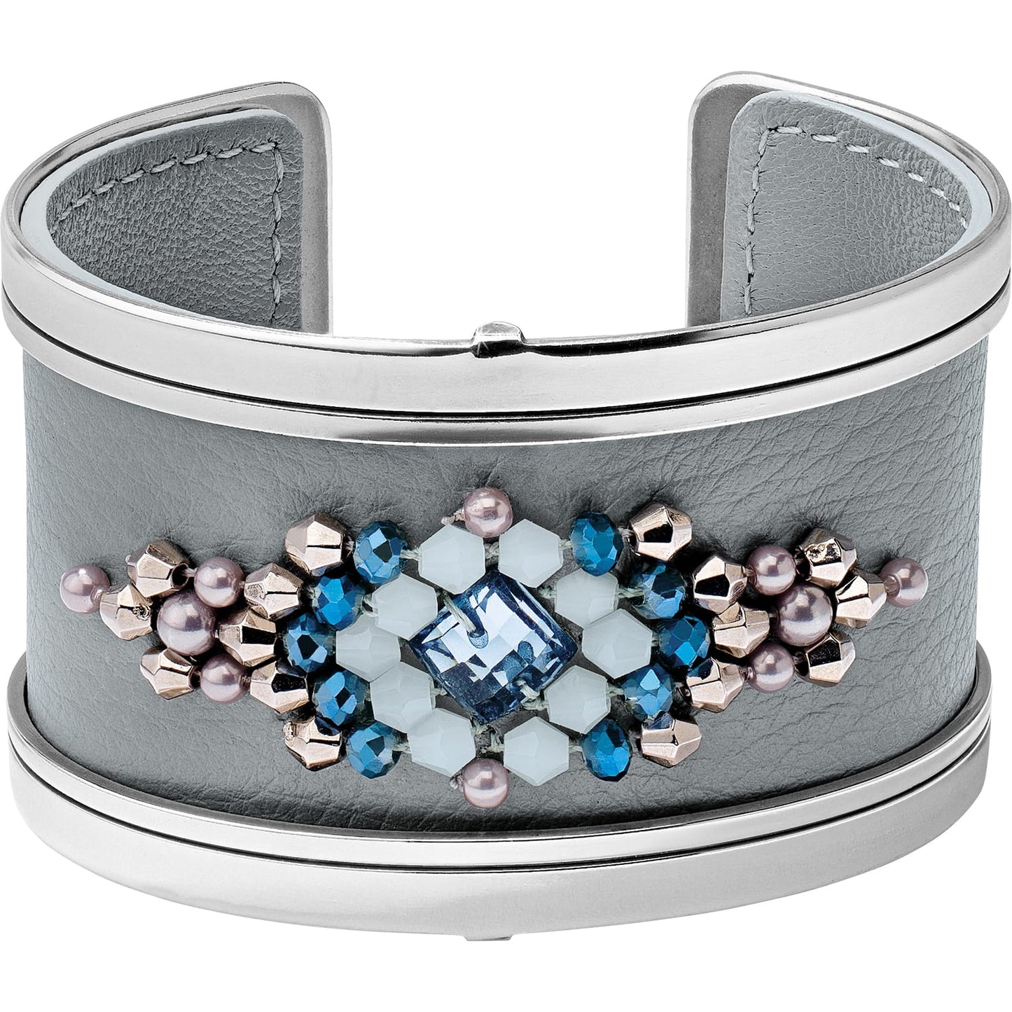 Brighton cuff bracelet with gray leather inlay, silver-tone frame, and blue crystal beaded centerpiece on a white background