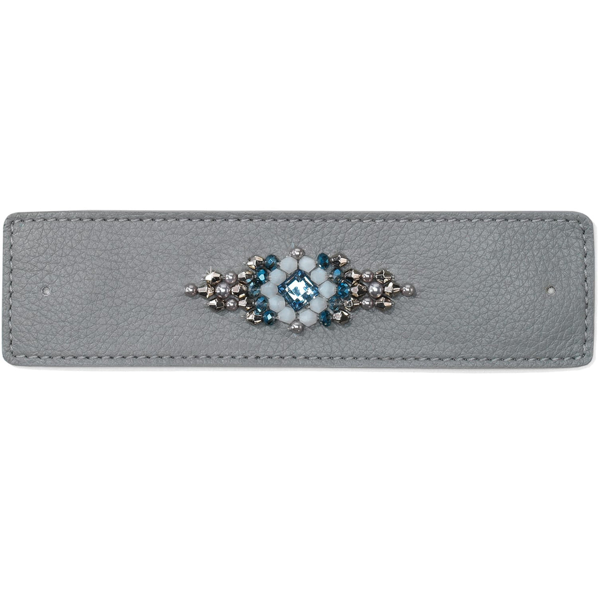 Brighton gray leather bracelet strap with blue crystal and silver-tone beaded centerpiece on a white background