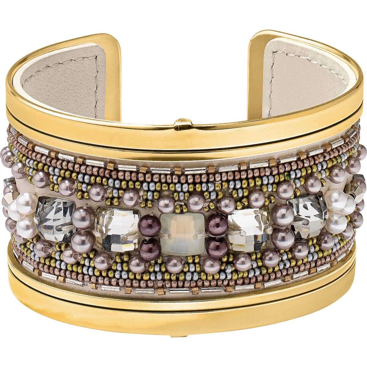 Brighton cuff bracelet with gold-tone frame, multicolor seed beads, pearls, and crystal accents on a white background