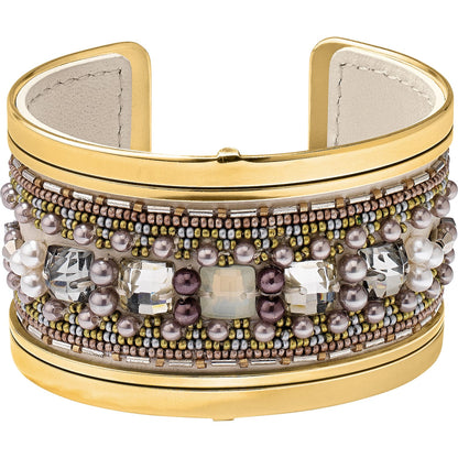 Brighton cuff bracelet with gold-tone frame, multicolor seed beads, pearls, and crystal accents on a white background