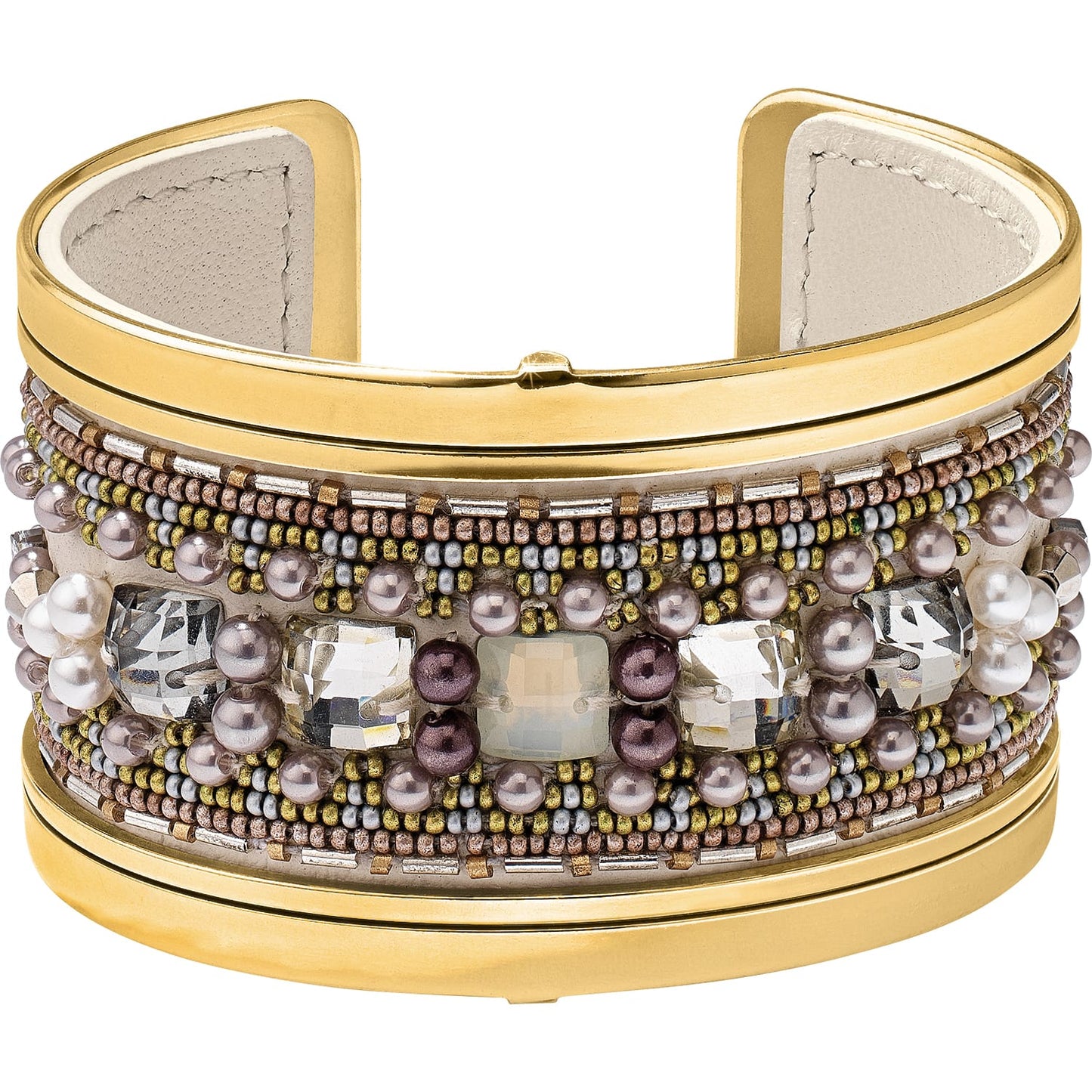Brighton cuff bracelet with gold-tone frame, multicolor seed beads, pearls, and crystal accents on a white background