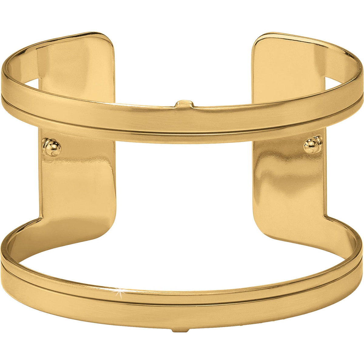 Brighton wide cuff bracelet with gold-tone polished finish and open cutout design on a white background