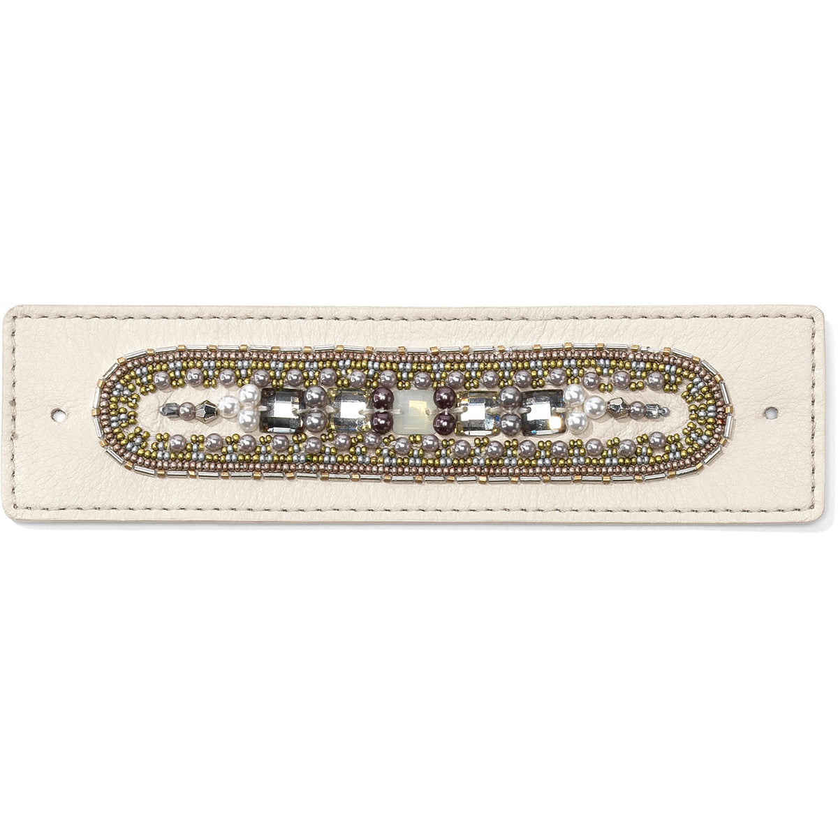 Brighton beaded leather bracelet with crystal accents, pearls, and gold and silver-tone seed beads on a white background