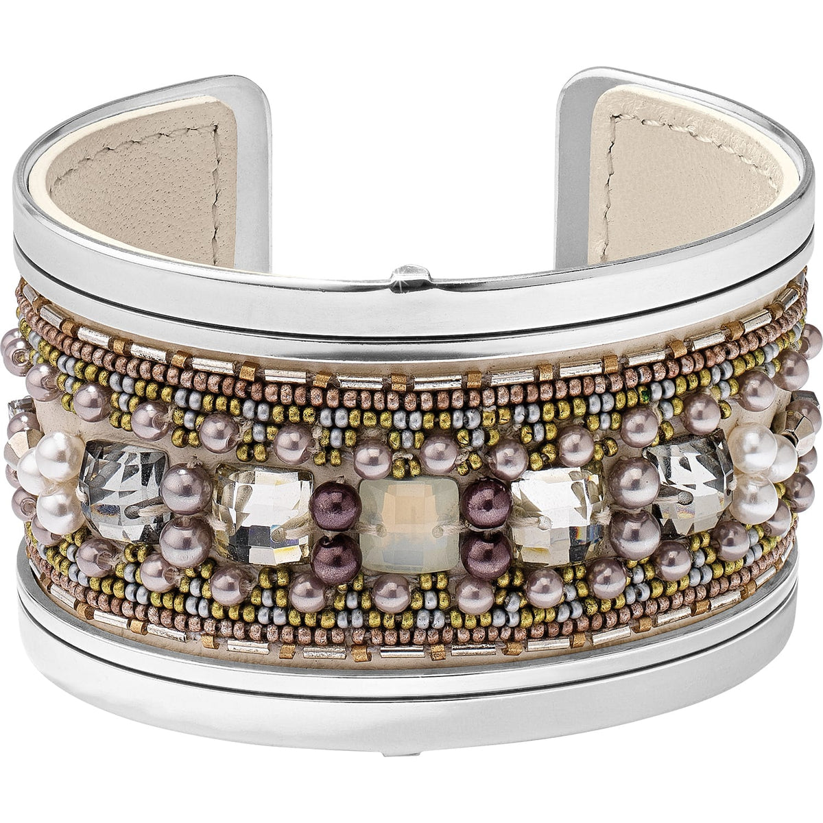 Brighton cuff bracelet with silver-tone frame, mixed beadwork, pearls, and crystal accents on a white background