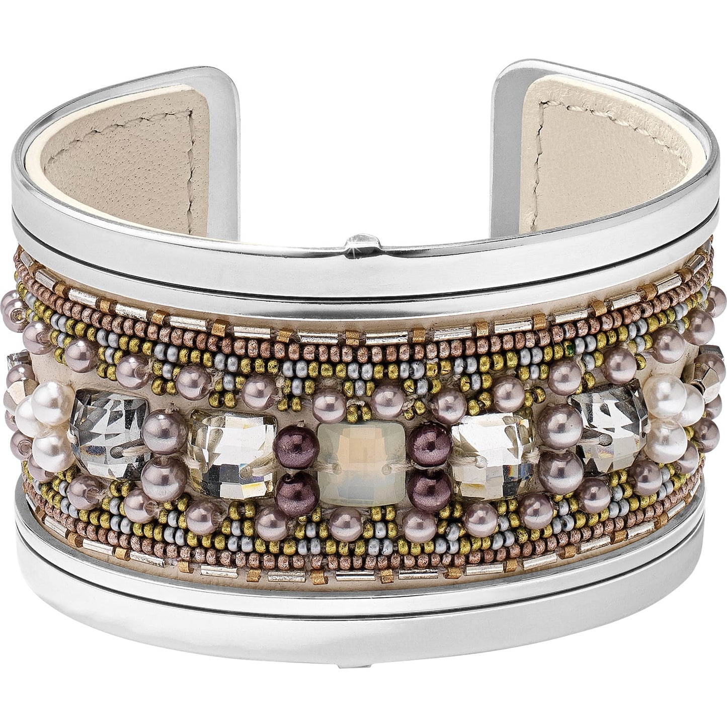 Brighton cuff bracelet with silver-tone frame, mixed beadwork, pearls, and crystal accents on a white background