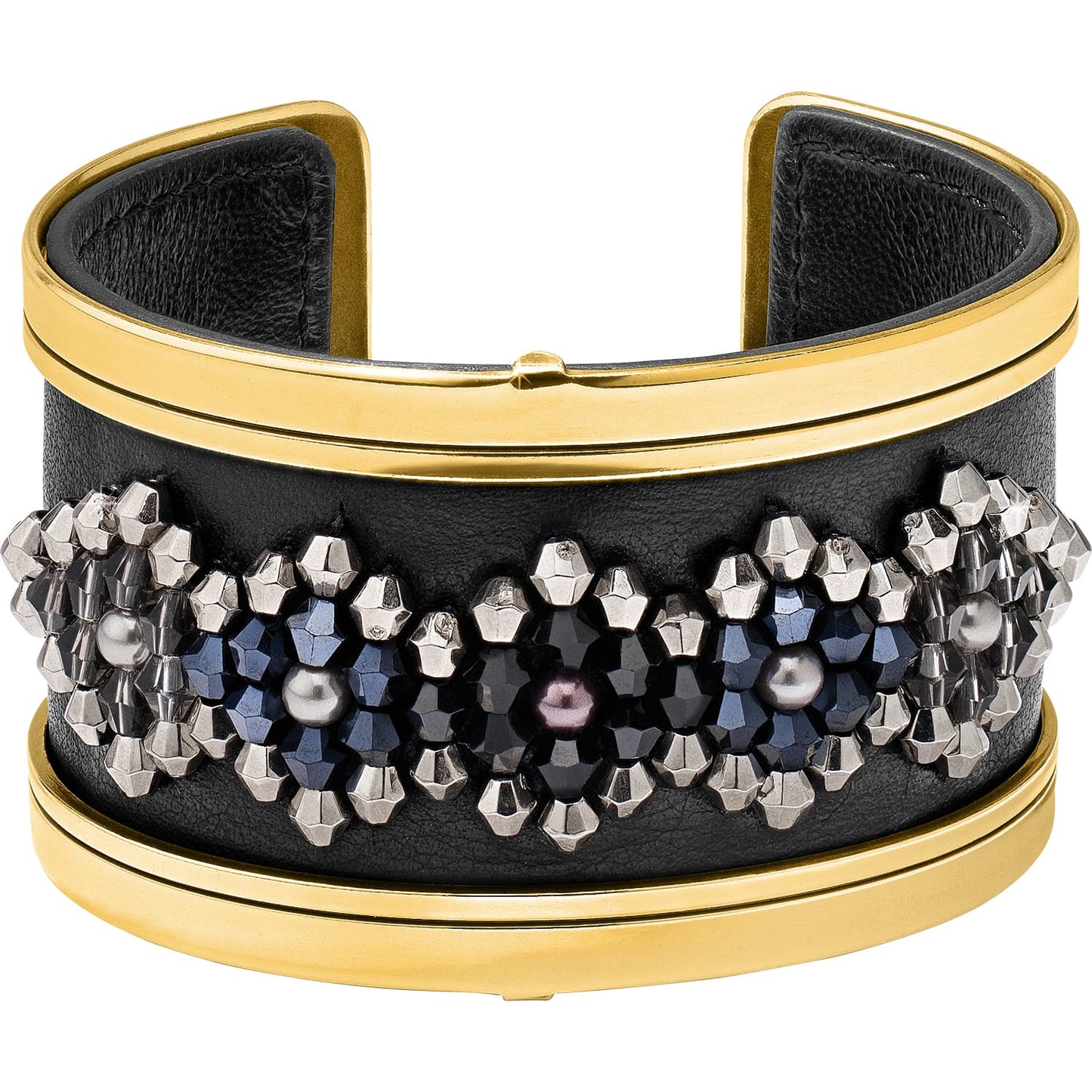 Brighton cuff bracelet in black leather with gold-tone trim and silver and dark crystal beaded floral design on a white background