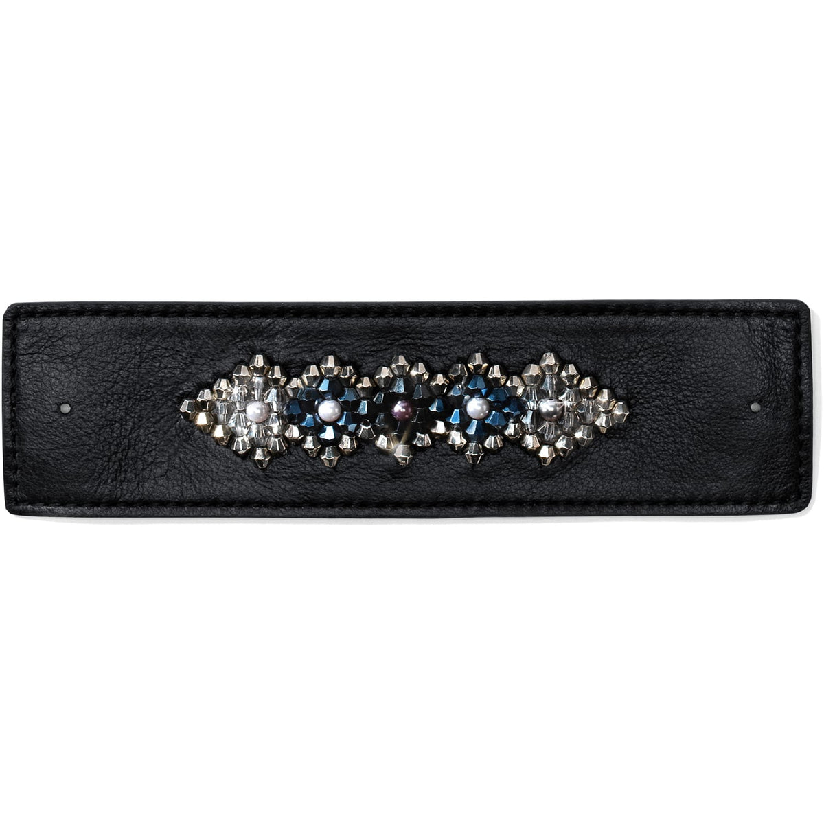 Brighton black leather bracelet strap with silver-tone studs, crystal beads, and pearl accents on a white background