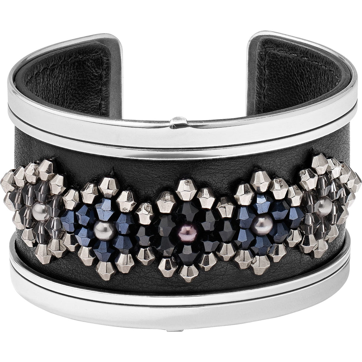 Brighton cuff bracelet in black leather with silver-tone trim and dark beaded floral embellishments on a white background