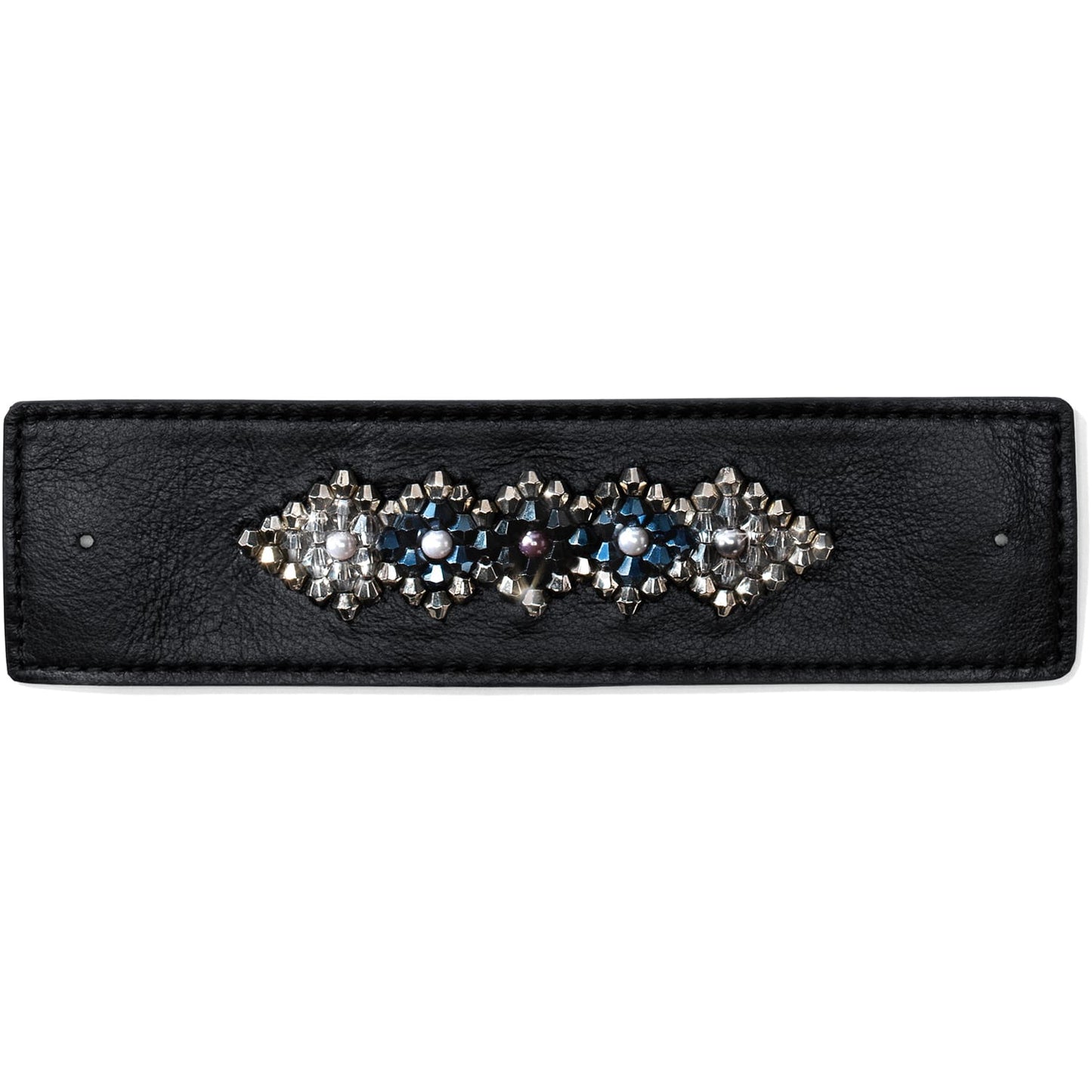 Brighton black leather bracelet with silver-tone beaded floral cluster, crystal accents, and pearl centers on a white background