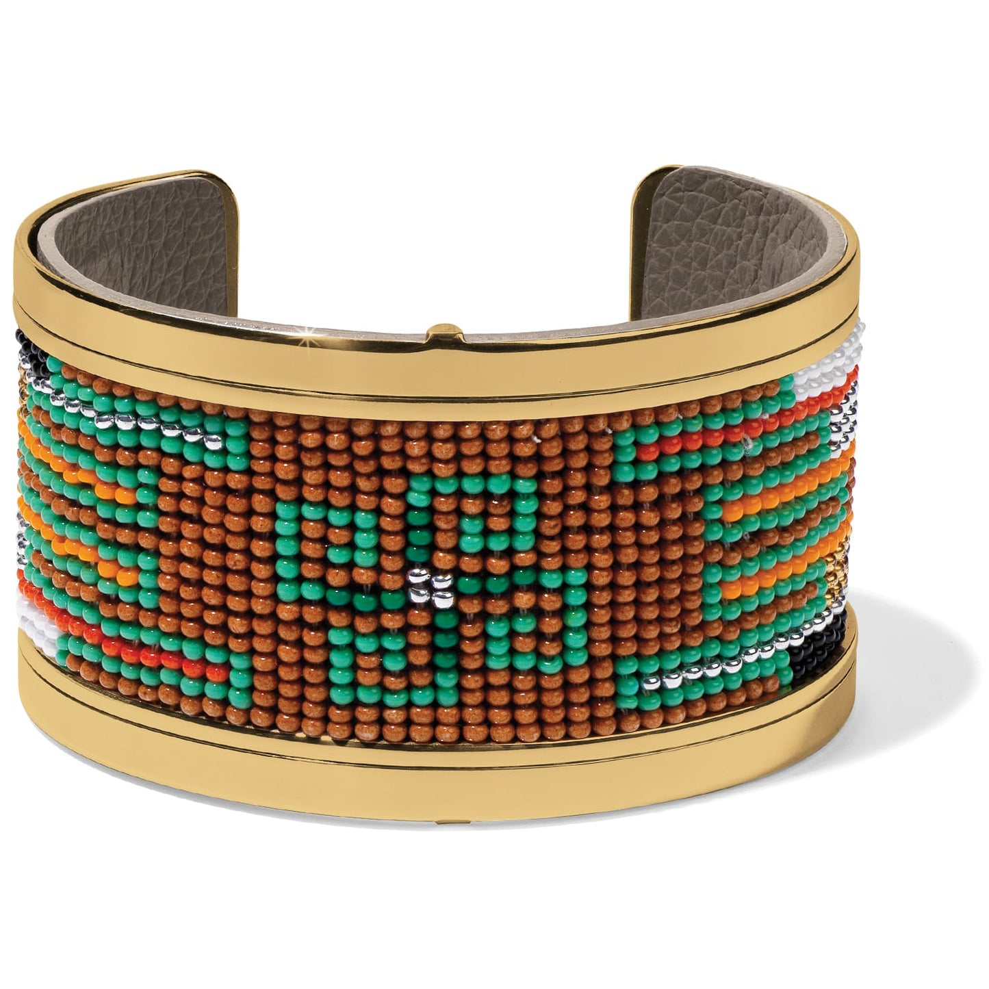 Brighton cuff bracelet with green, orange, brown, and white beaded pattern and gold-tone frame on a white background