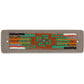 Brighton beaded leather patch with green, orange, brown, and silver geometric seed bead pattern on a white background