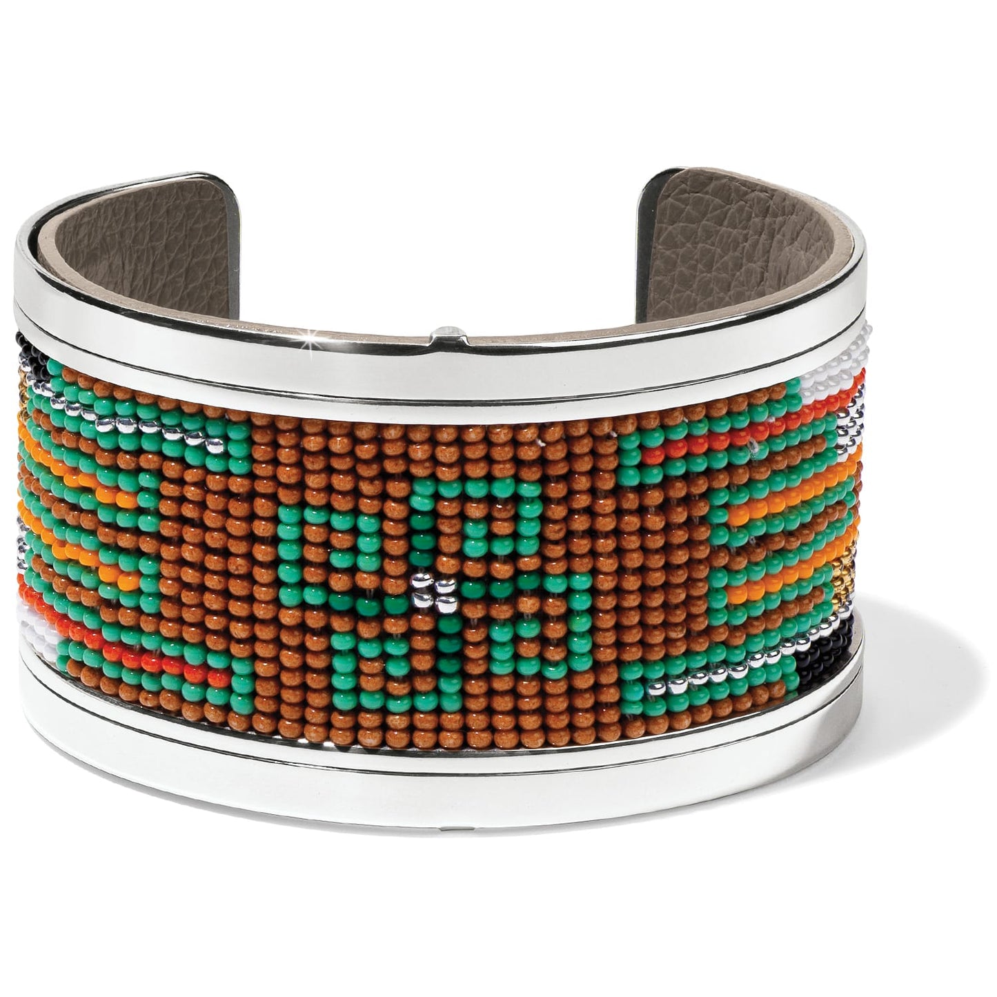 Brighton cuff bracelet with green, orange, and brown beaded geometric pattern and silver-tone frame on a white background