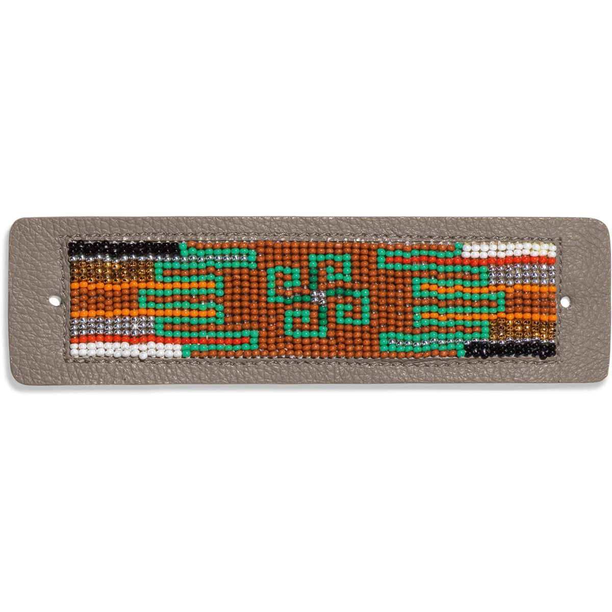 Brighton beaded leather patch with green, orange, and brown geometric pattern on taupe leather on a white background