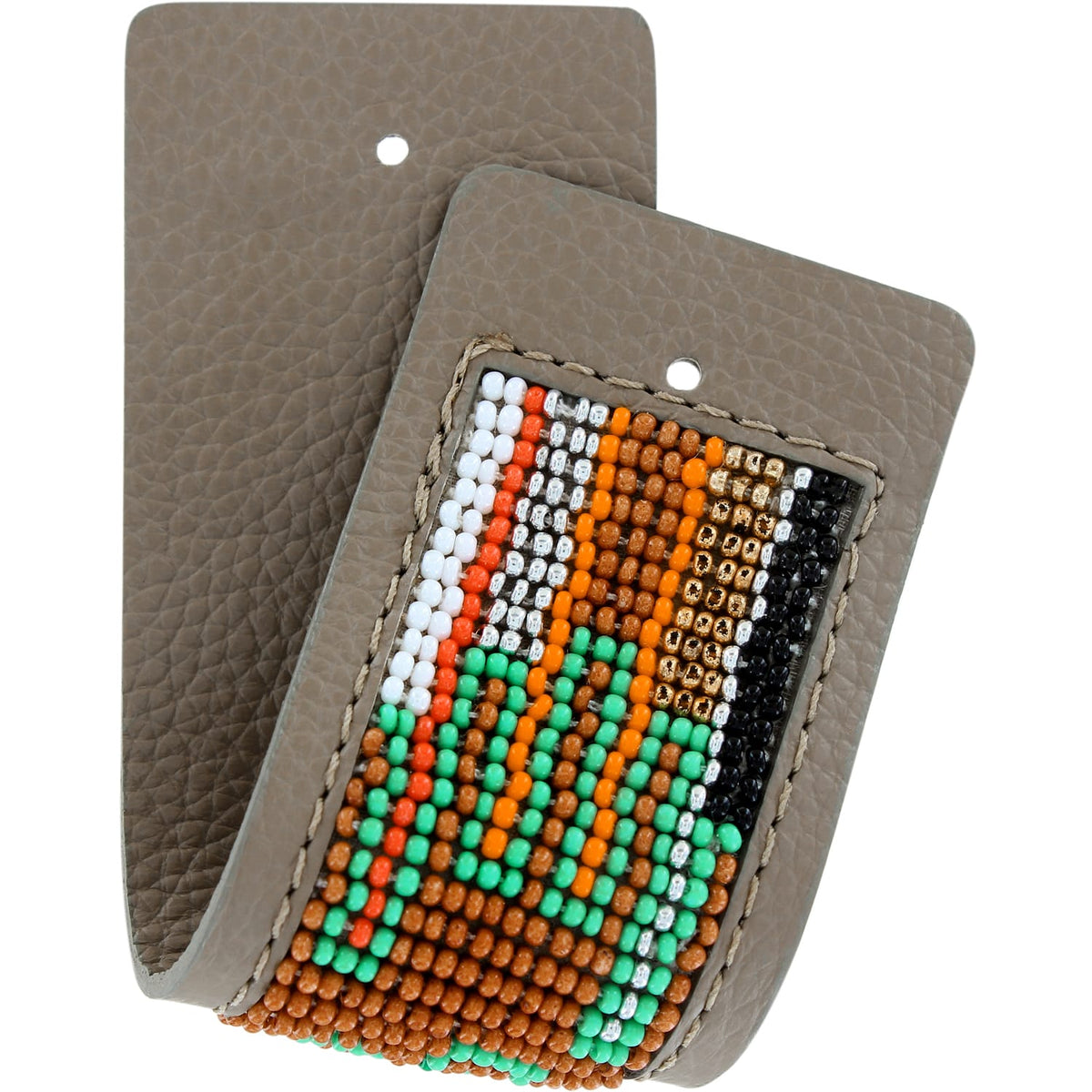 Brighton leather money clip with multicolor beaded panel in orange, green, brown, black, and white on a white background