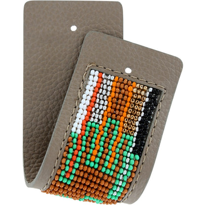 Brighton leather money clip with multicolor beaded panel in orange, green, brown, black, and white on a white background