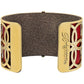 Brighton cuff bracelet shown from the back with gold-plated openwork panels and red leather accents on a white background