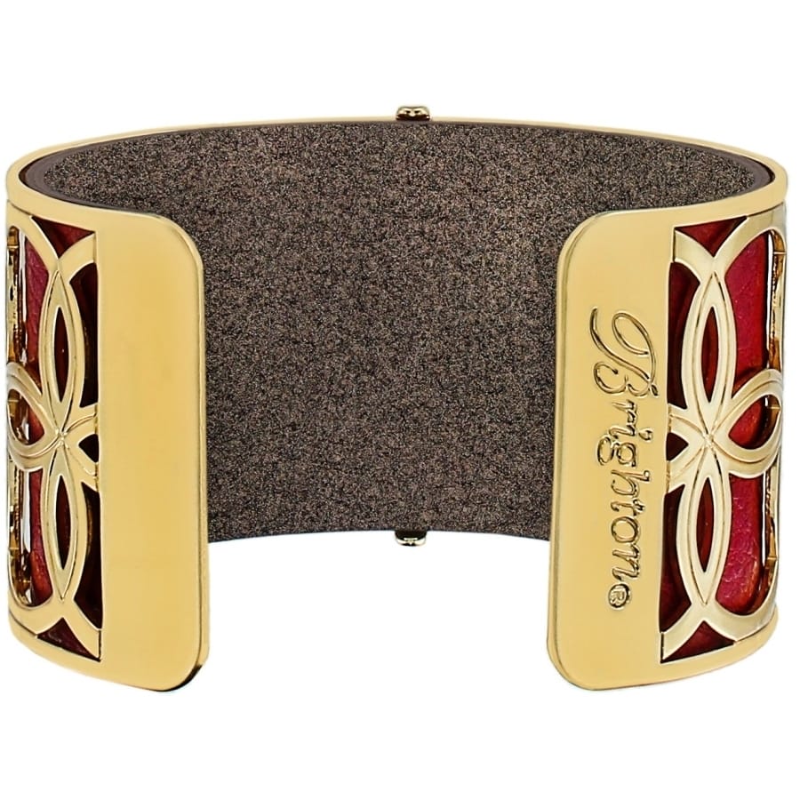 Brighton cuff bracelet shown from the back with gold-plated openwork panels and red leather accents on a white background
