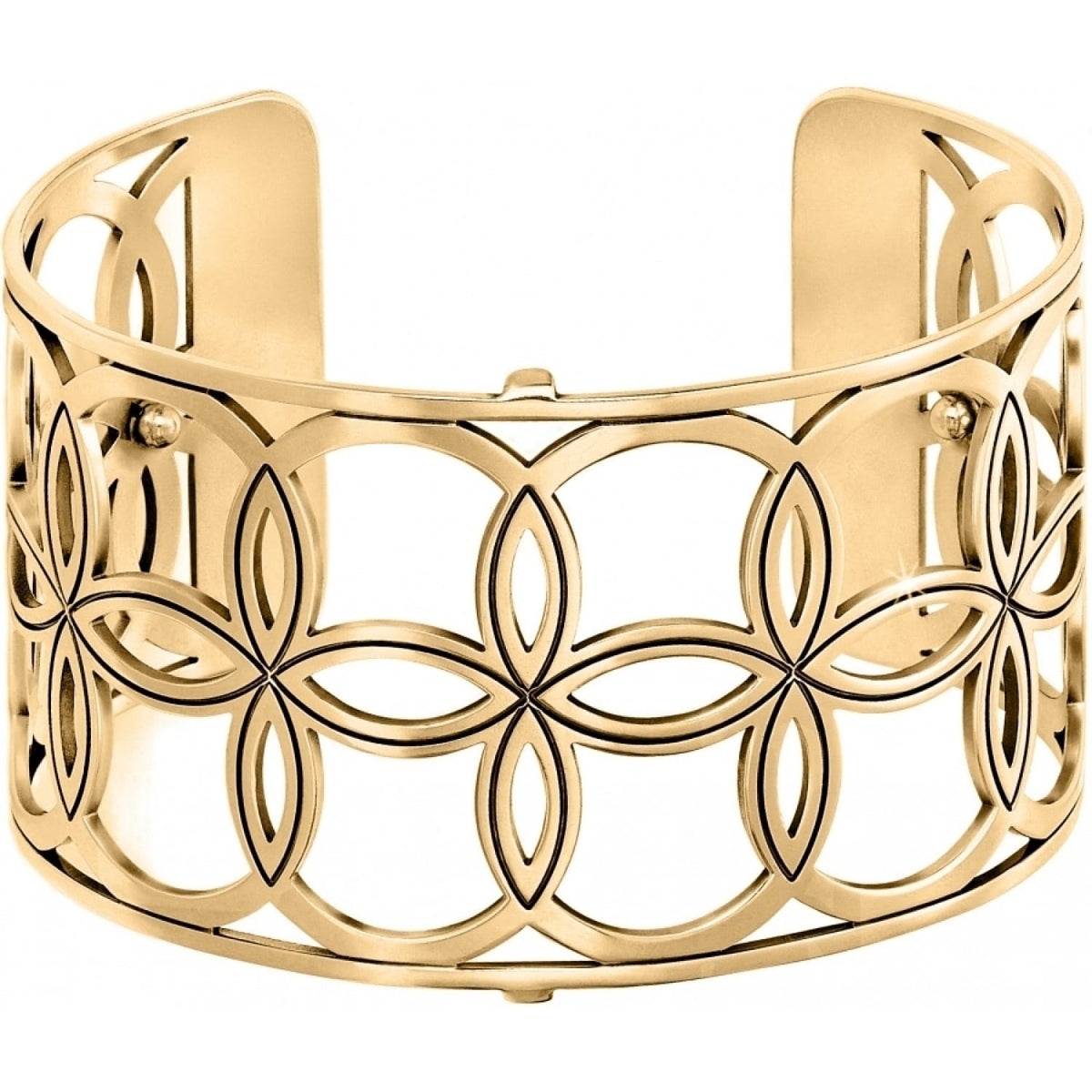 Brighton gold-plated cuff bracelet with openwork floral and circular geometric pattern design on a white background