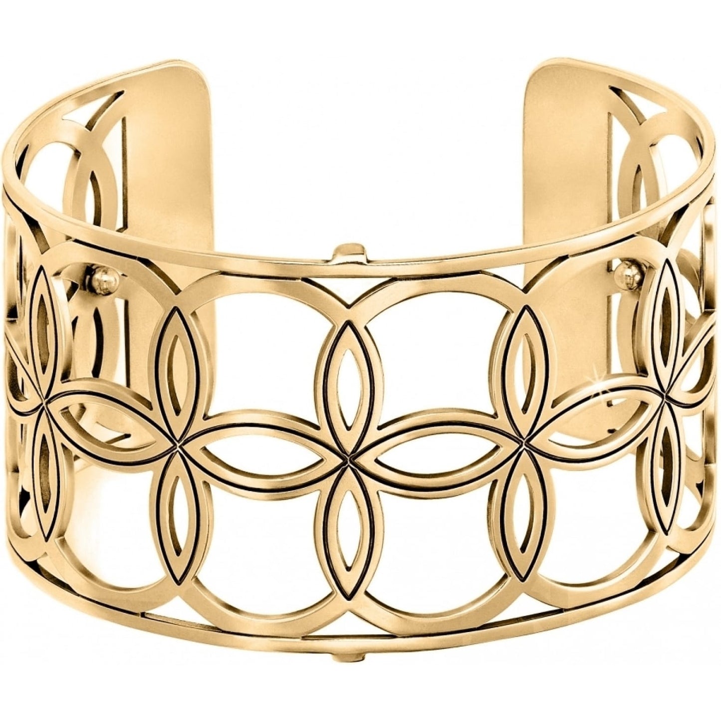 Brighton gold-plated cuff bracelet with openwork floral and circular geometric pattern design on a white background