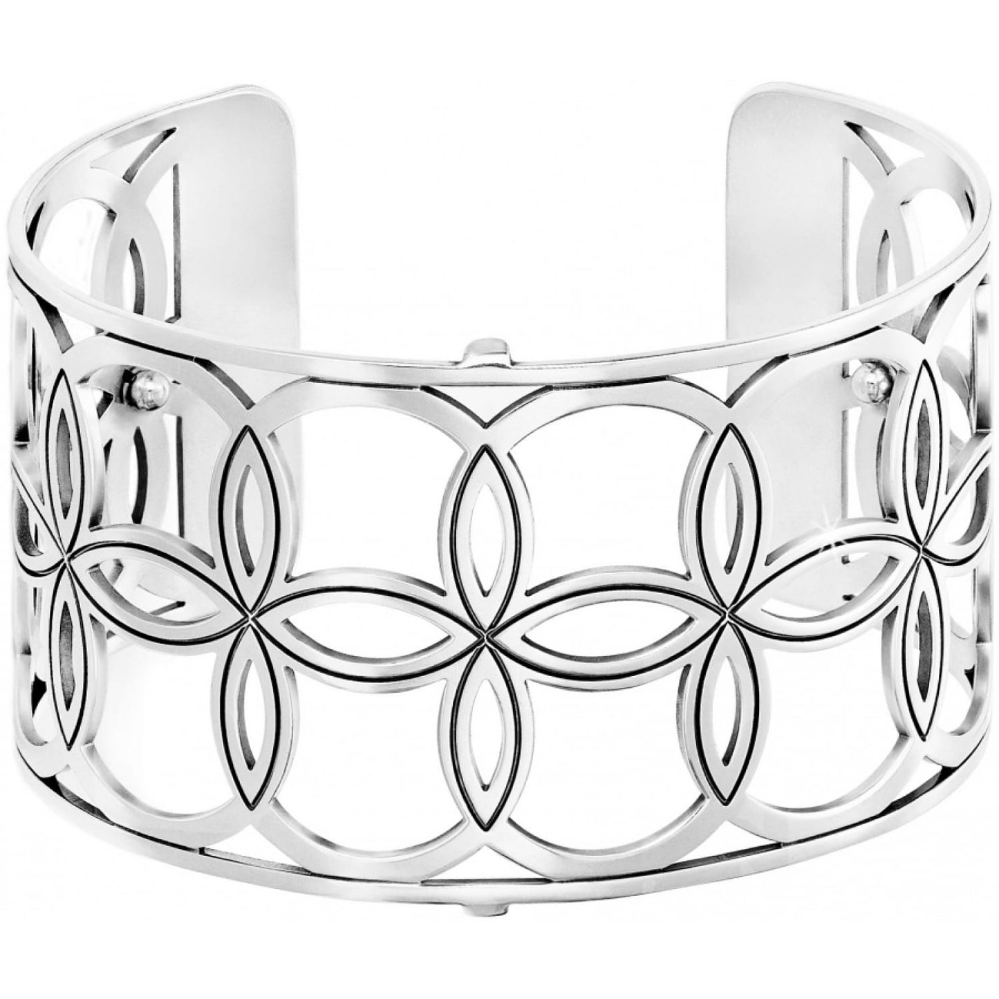 Brighton cuff bracelet with silver-plated openwork floral and circular geometric design on a white background