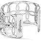 Brighton wide cuff bracelet with silver-plated cutout floral lattice design and engraved logo plate on a white background