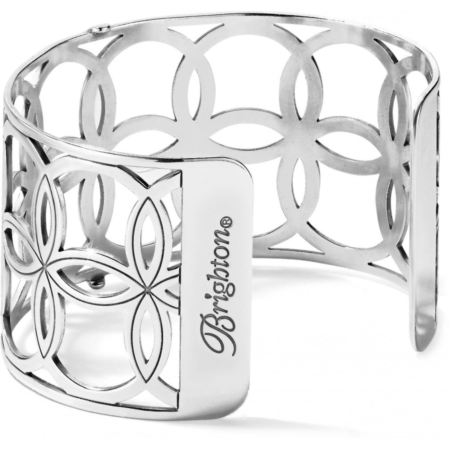 Brighton wide cuff bracelet with silver-plated cutout floral lattice design and engraved logo plate on a white background