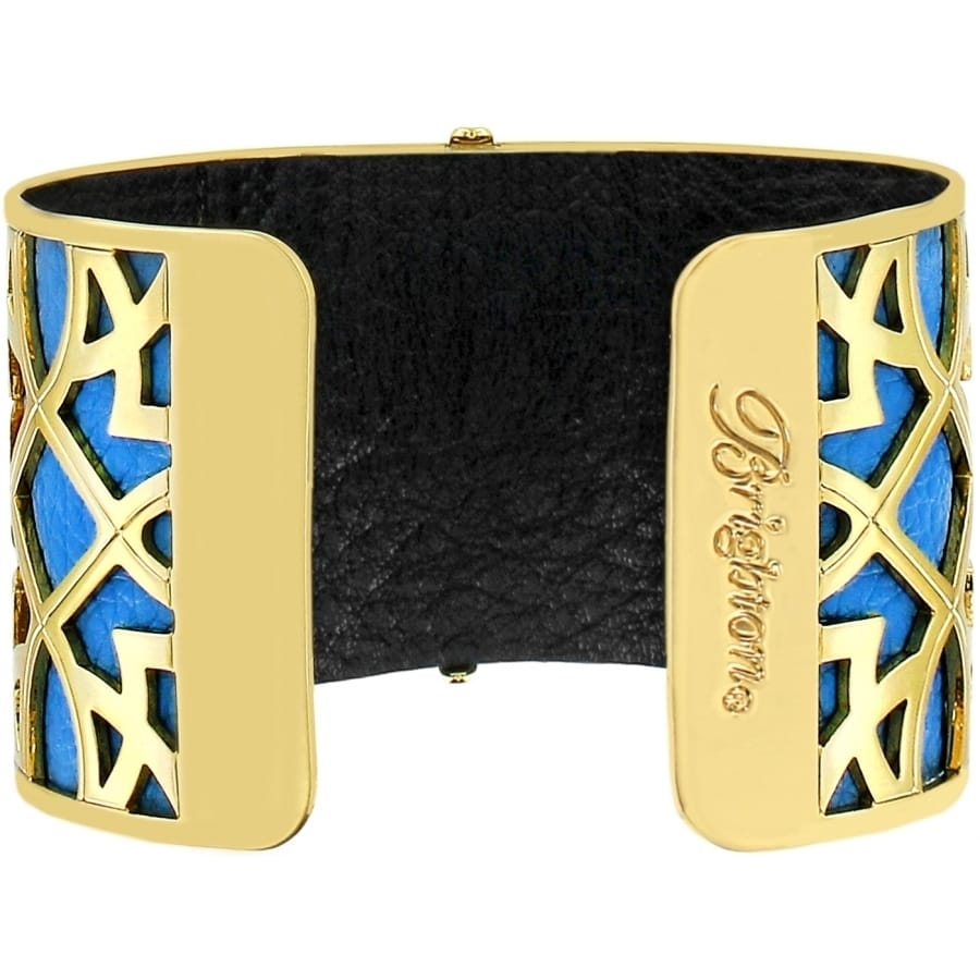 Brighton cuff bracelet with gold-plated geometric cutout design over turquoise and black leather interior on a white background