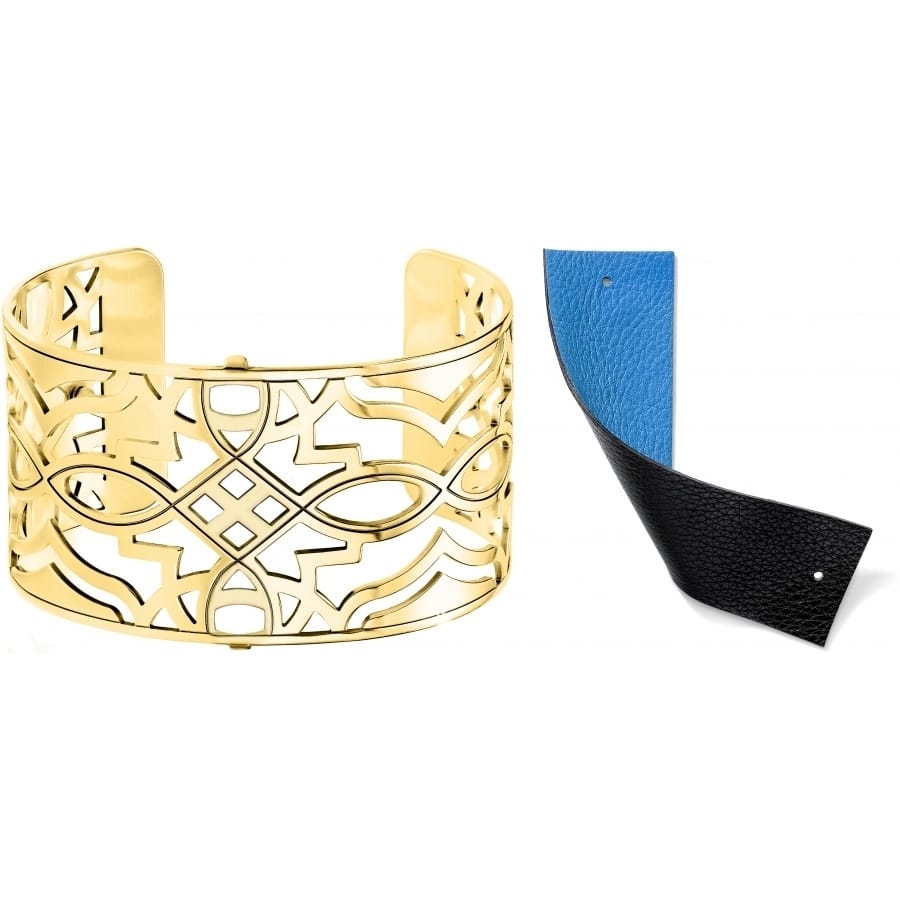Brighton gold-plated cuff bracelet with openwork geometric design shown with black and blue leather inserts on a white background
