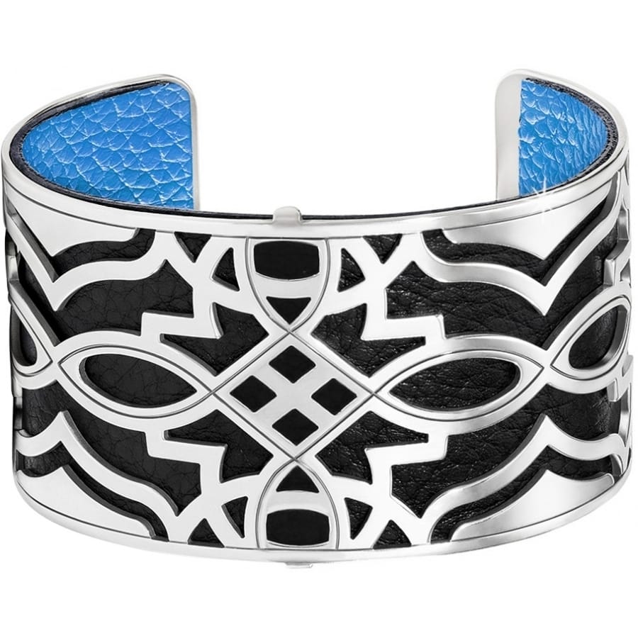 Brighton cuff bracelet with silver-plated geometric openwork over black leather and blue leather interior on a white background