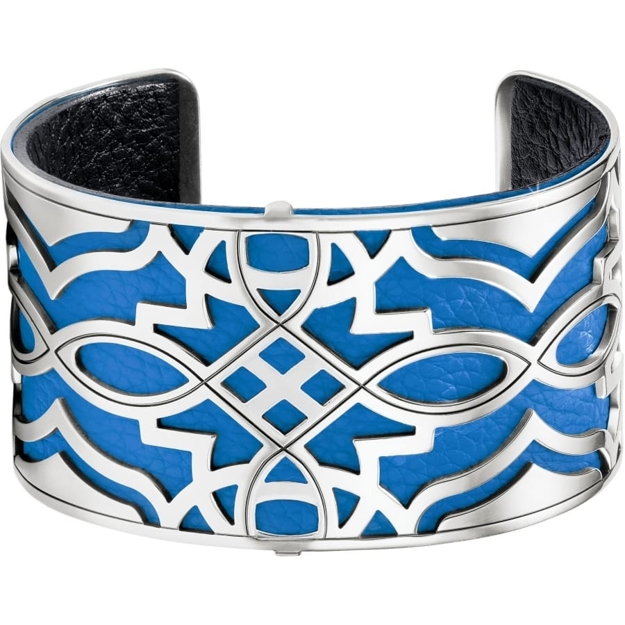 Brighton cuff bracelet with silver-plated openwork design over blue leather and black interior on a white background