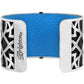 Brighton silver-plated wide cuff bracelet with blue leather insert and geometric cutout side panels on a white background