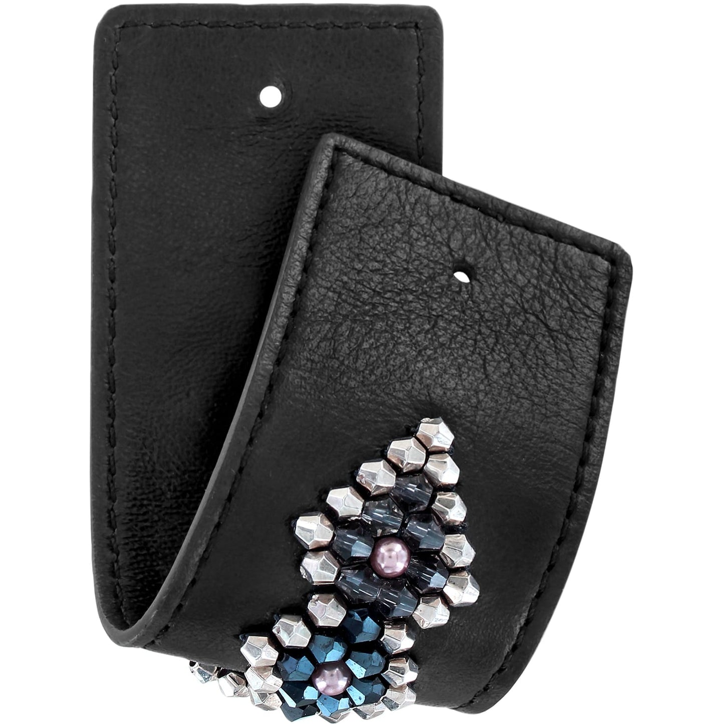 Brighton black leather strap ends with beaded floral accents in silver-tone, blue, and mauve on a white background
