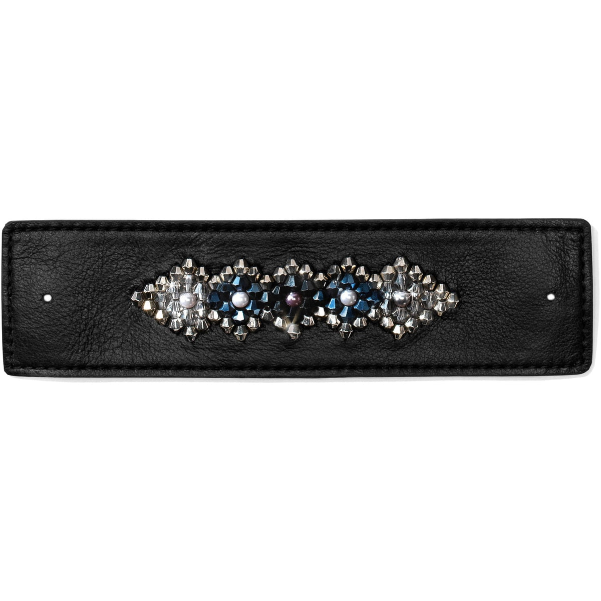 Brighton black leather bracelet band with silver-tone beaded medallion, crystal accents, and pearl centers on a white background